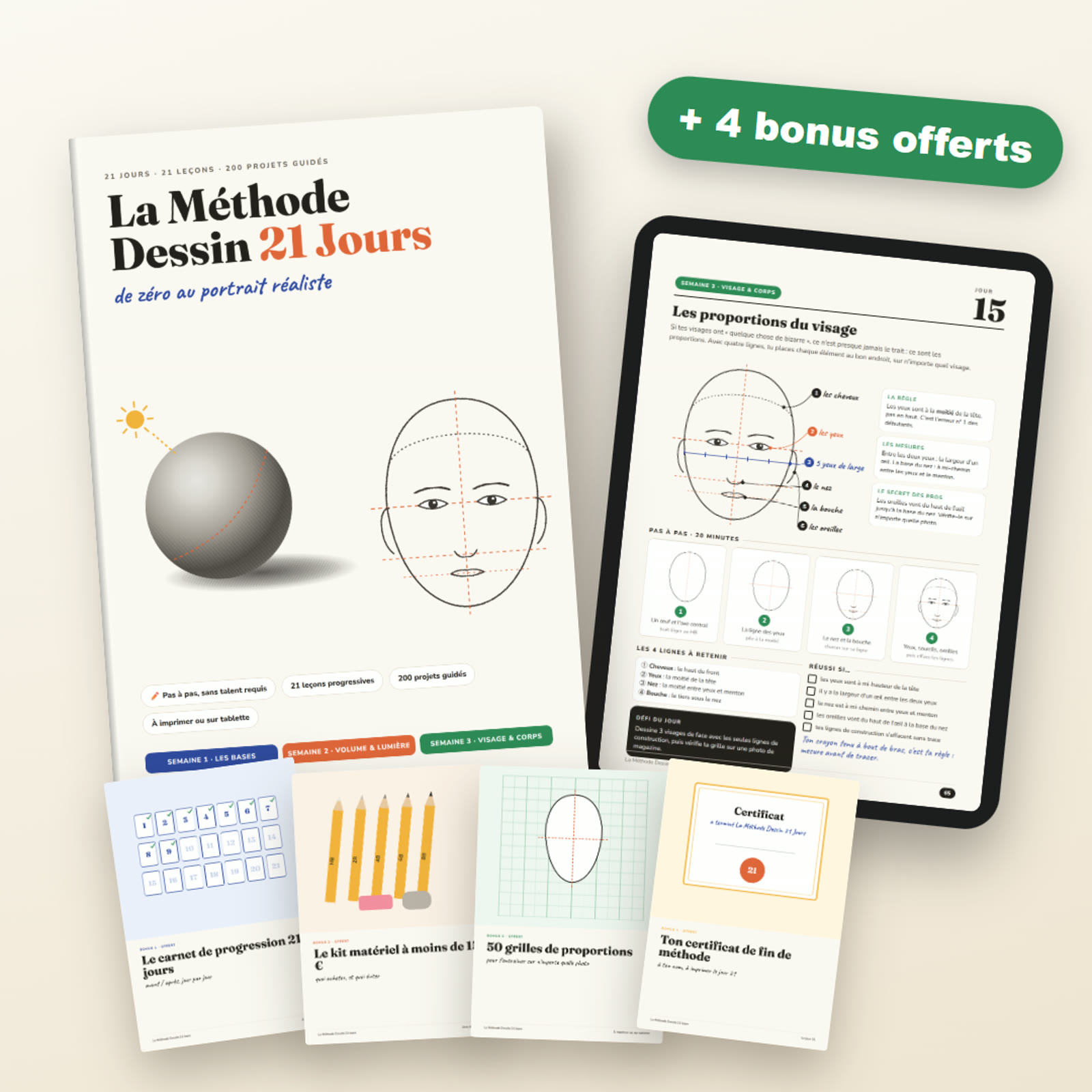 La Méthode Dessin 21 Jours sur une tablette, avec des pages de leçons et les 4 bonus